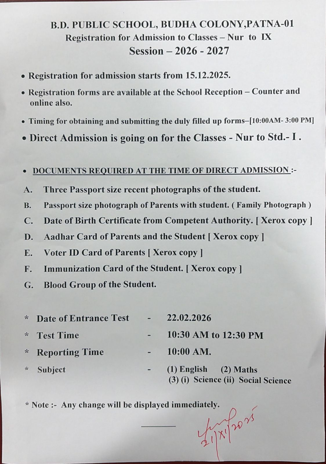 BDPS Admission Notice 2026-27