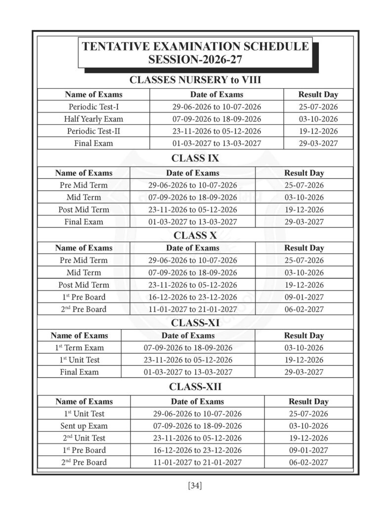 BDPS Tentative Examination Schedule